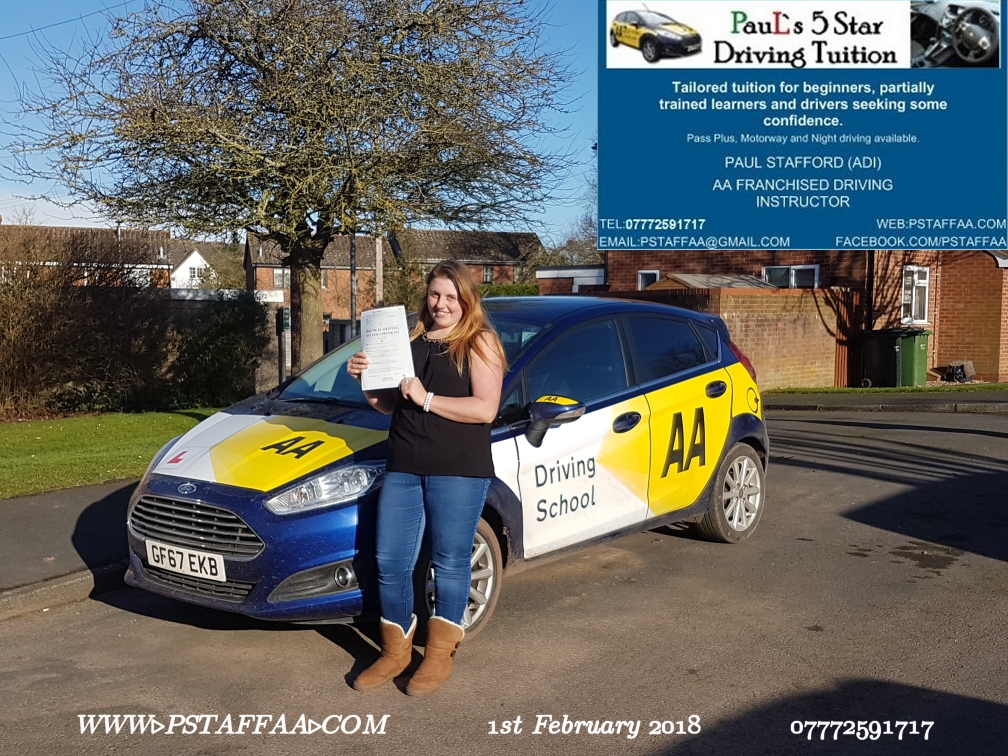 First time Test Pass Pupil Jade Greenaway with Paul's 5 star driving tuition in hereford 12th January 2018